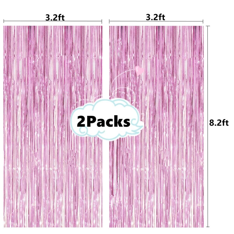 i-CHONY 2 Pcs 3.2ft x 8.2ft Shiny Pink Metallic Tinsel Foil Fringe Curtains Photo Booth Pink Backdrop for Birthday Wedding Bridal Shower Baby Shower Bachelorette Party Decorations - Image 2
